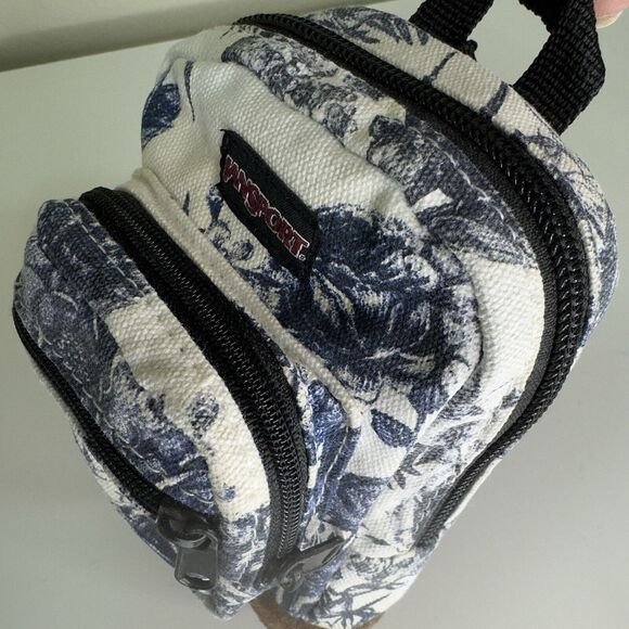 Vintage JANSPORT Mini Back Pack Coin Purse Wristlet Charm Blue Floral Leather - Picture 12 of 16